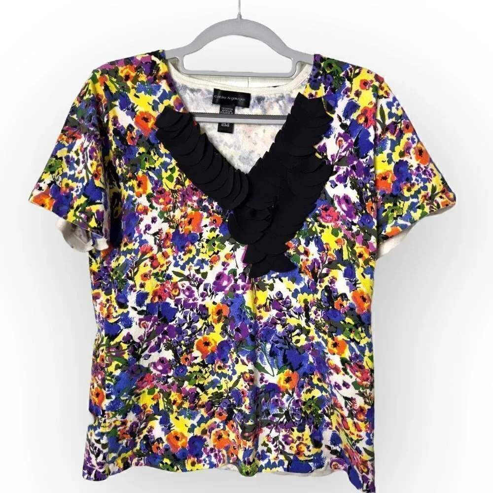 Cable & Gauge floral White Blue Black yellow short sleeve Shirt Size L cotton/ny - Picture 1 of 5